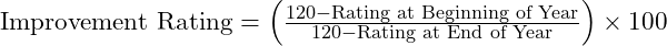 \text{Improvement Rating} = \left( \frac{120 - \text{Rating at Beginning of Year}}{120 - \text{Rating at End of Year}} \right) \times 100
